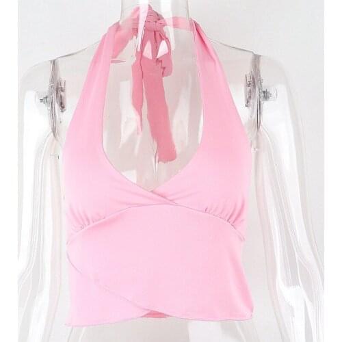 Women Low-cut Solid Color Cropped Tops,Female Sexy Slim Fit Tie-up Sleeveless Casual Deep V-neck Halter Vest for Summer,S/M/L