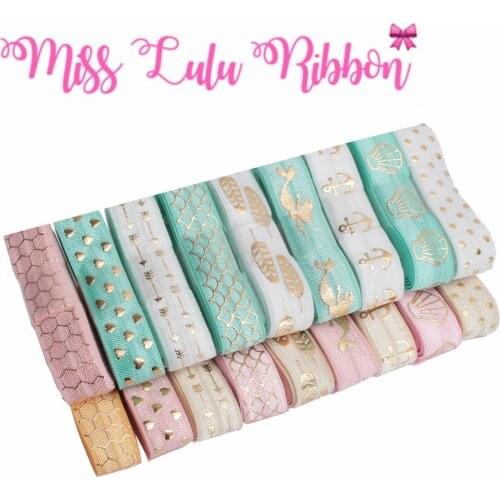 5/8"16mm 1yard Mixed Gold Foil Geometric Mermaid Scale Printed Fold Over Elastic Ribbon 18yards/pack Hair Tie Set DIY Bows