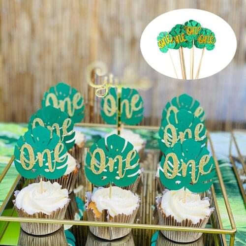 10pcs Jungle Tropical Party Green Leaf Cake Topper Leaves Cupcake Toppers Wild One Birthday Party Baby Shower Cake Decoration