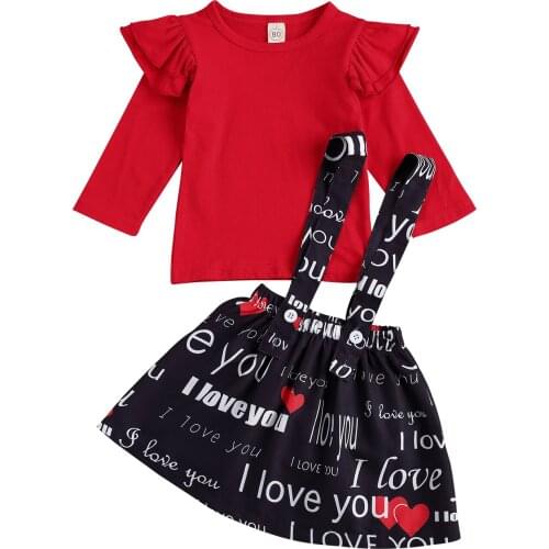 2Pcs Outfit Infant Casual Valentine Outfits, Baby Girl Fly Sleeve Round Neck Pullover + Letter Print Suspender Skirt 6M-4Y