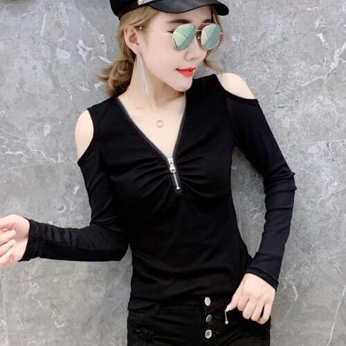 #5946 Summer Black Off Shoulde T Shirt Women Zipper V Neck Sexy Spliced Lace Short Basic T Shirt Femme Tight Streetwear T-shirt