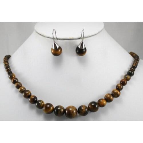 Free Shipping wholesale noble 6-12mm 18" tiger eye jade necklace & stud earrings jewelry set