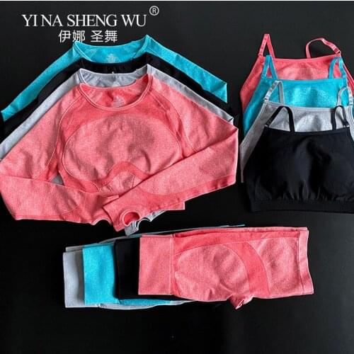 Seamless Solid Color Women Yoga Gym Running Long Sleeve Crop Top Sports Bra High Waist Shorts Workout Outfit Fitness Clothing