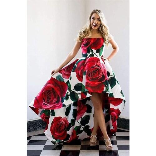 Elegant Long Satin Floral High Low Prom Dresses with Pockets Strapless Corset Back Formal Party Dresses for Women