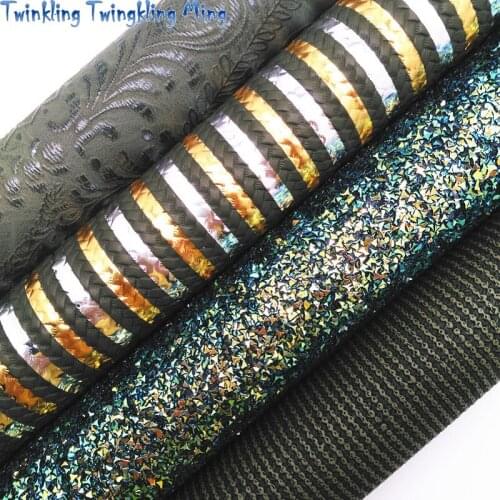 Green Glitter leather, Stripes Printed Faux Fabric, Flowers Embossed Syntheitc Leather For Bow A4 21x29CM Twinkling Ming KM270