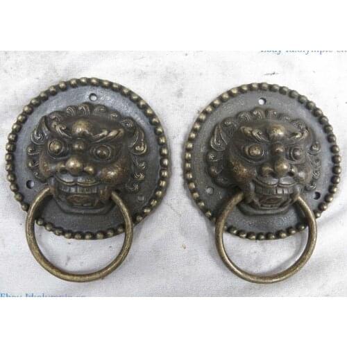 Fine brass sculpture China carved Feng Shui lucky tiger knocker pair Statue