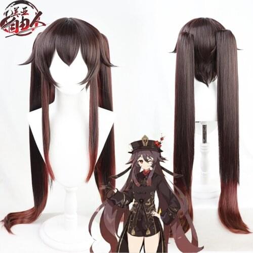 2021 Hot Game Genshin Impact Hutao Wig Anime Cosplay Hair Halloween Drop Shipping Free Wig Cap Long Hair Double Ponytail Brown
