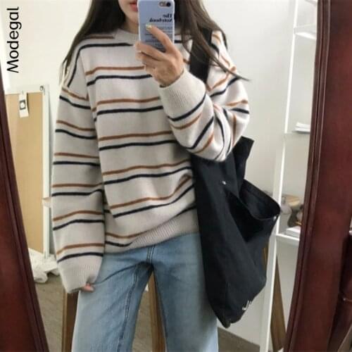 Modegal Womens Retro Striped Pullover O-neck Loose Knitted Sweater Long Sleeve Sweatshirts Korean Fashion Autumn Outwear