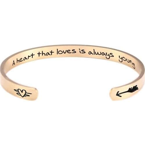 Trendy Stainless Steel Lettering A Heart that Loves is Always Young Cuff Bnagle Inspirational Word Magnetic Women Bracelet