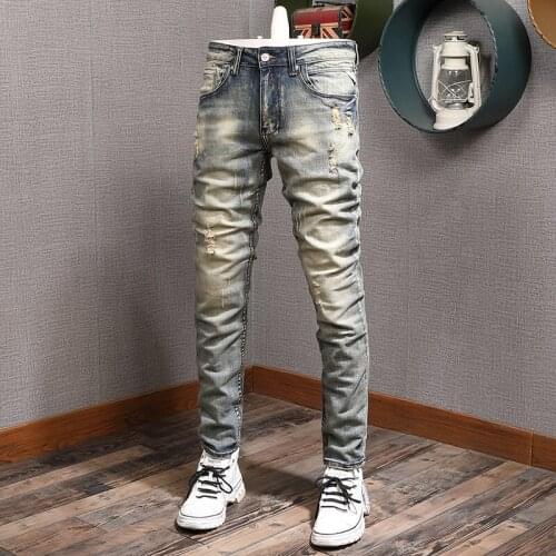 Italian Style Fashion Men Jeans Retro Yellow Blue Elastic Cotton Ripped Jeans For Men Streetwear Slim Fit Vintage Designer Pants