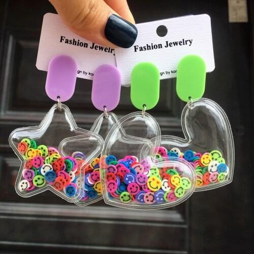 Fashion Transparent Star Heart Stud Earrings for Women Cute Beads Rainbow Smiling Face Quicksand Dangle Earring Set Girl Jewelry