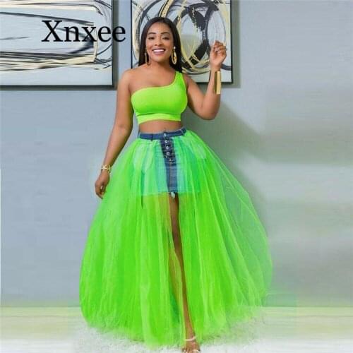 Neon Green Mesh Sheer Splicing Skirt High Waist Denim Skirt High Split Bodycon Skirt Women Sexy Party Club Wear Street Lace Tutu