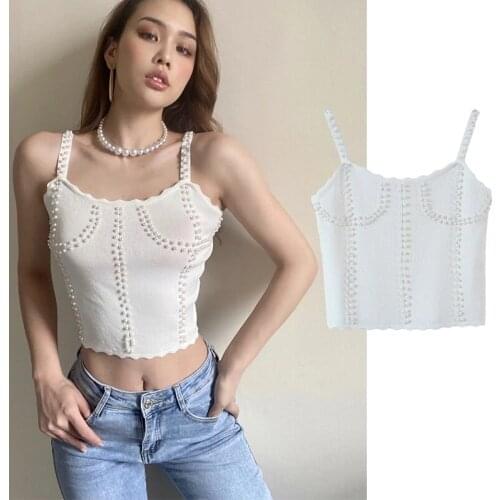 New Women Elegant Fashion Beaded Chic Sling Camis Tank White Black Beige Summer Sexy Strap Vest Crop Tops