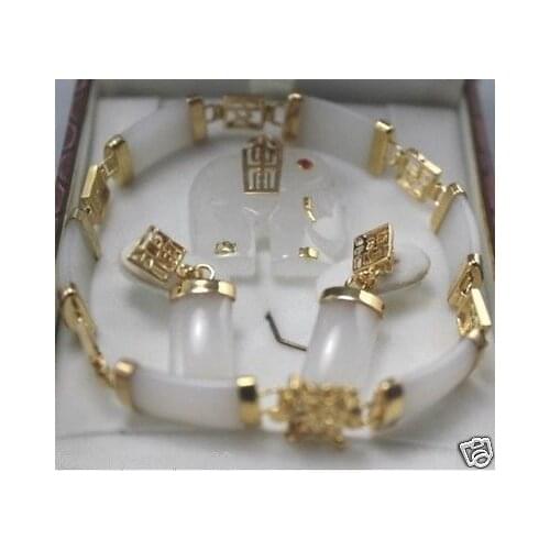 New Style Hot sale****Jewelry White jade pendant necklace earring bracelet set+ chain Fashion Wedding Party Jewellery