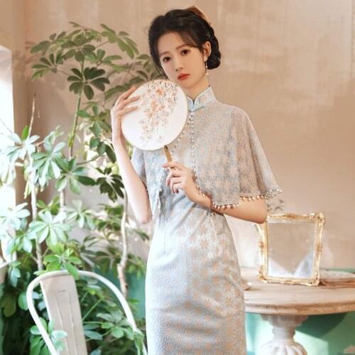 New Stylish Cheongsam Qipao Dress Women Elegant Slim with Shawl Two-piece Suits with Lace Cheongsam Dresses Vintage Summer 2021