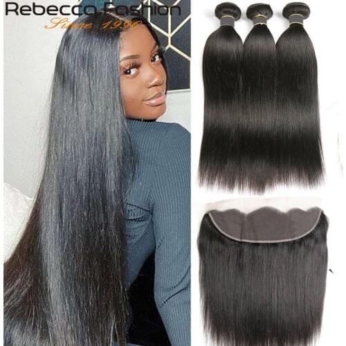 Rebecca Brazilian Straight Hair Lace Frontal Closure With Bundles Remy Human Hair With Lace Frontal 3 Bundles With Frontal