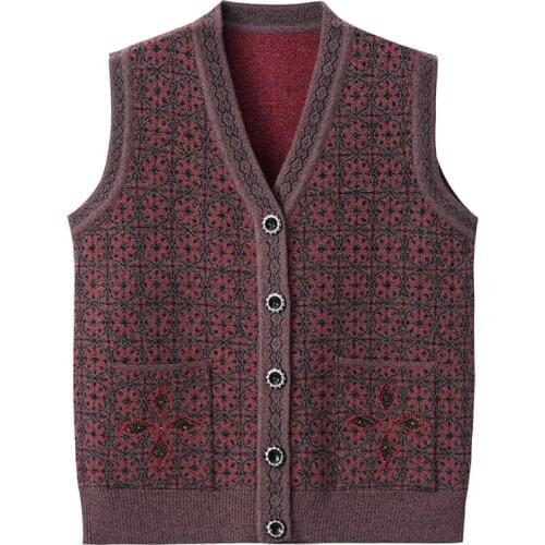 Middle-aged and Elderly Womens Sweater Vest Waistcoat Spring Autumn Sleeveless Coat Cardigan Knit Short Sweater Vest 4XL K1103