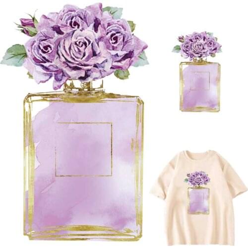 Iron-On Transfer For Clothing Purple Rose Patches Washable DIY Woman T-Shirts Heat Transfers Sticker Beautiful Perfume Applique