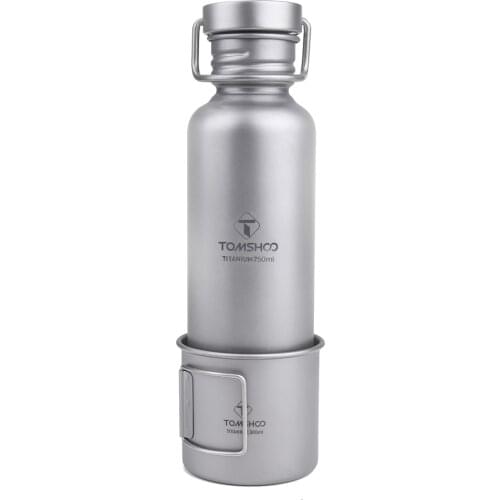 TOMSHOO 750ml Full Titanium Water Bottle with Extra Plastic Lid Ultralight Outdoor Camping Hiking Cycling Water Bottle Sport