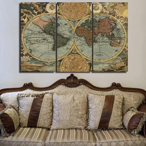 Vintage World Map Canvas Painting Latitude and Longitude Line Pictures Wall for Living Room Decoration Art Posters and Prints