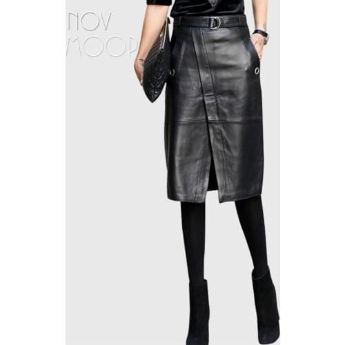 Novmoop genuine leather women skirt french chic and elegant style rivet decor asymmetrial hem Falda de cuero LT3359