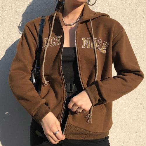 Hoodies Jackets Female Letter Embroidery Fleece Hooded Sweatshirt Jackets Y2K For Girls Brown Zipper Pockets Loose 2021 Vintage