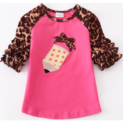 Girlymax Fall Back To School Girls Icing Sleeves Raglans Top Hot Pink Pencil Leopard Boutique Cotton T-shirts Outfits