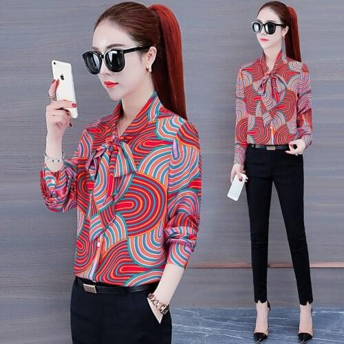 Chiffon Women Spring Autumn Shirts Temperament Casual Blouses Long Sleeve Bow-Knot Scarf CollarTops Fashion Blusas MM0689