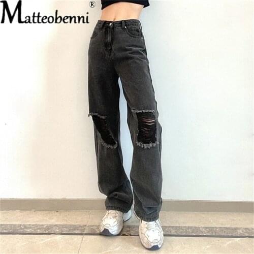 2021 Women Ripped Jeans Stretch Fashion High Waist Mom Denim Trousers Ladies Loose Hole Pants Casual Street Straight-Leg Pants