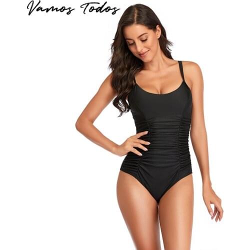 Vamos Todos 2021 Summer Vintage Swimsuit One Piece Bathing Suit For Women Solid Backless Plus Size Swimwear Folds Tummy Control