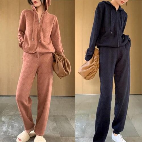 2020 Real Elastic Waist Blends Zipper Full New Womens Suit Fashion Hooded Casual Knitted Sweater And Harem Pants 2-piece Set