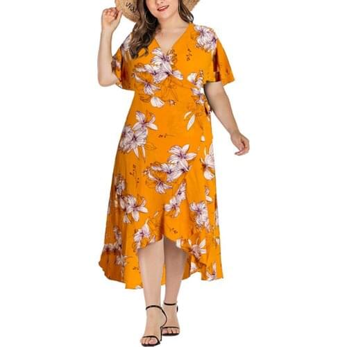 New large size dress 4XL-8XL bust 135CM fashion womens sexy V-neck lotus leaf plant printing wrap lace-up casual dress