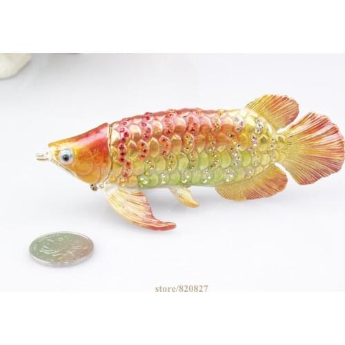 Gold Fish Trinket Box Arowana Bejeweled Arowana Fish Statue Trinket Jewelry Box Fish Jewelry Ring Holder Souvenir Decoration