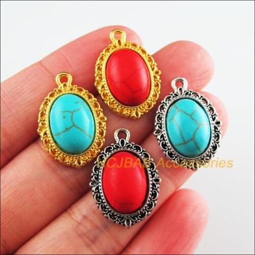 12Pcs Tibetan Silver Tone & Gold Color Oval Red & Blue Stone Flower Charms Pendants 16x23mm