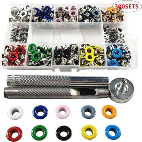 300pcs 6MM Metal Multicolor Eyelets Install Tools, DIY Grommets Buckle Scrapbooking Kit for Shoelaces Cap Bag Tag Leathercrafts