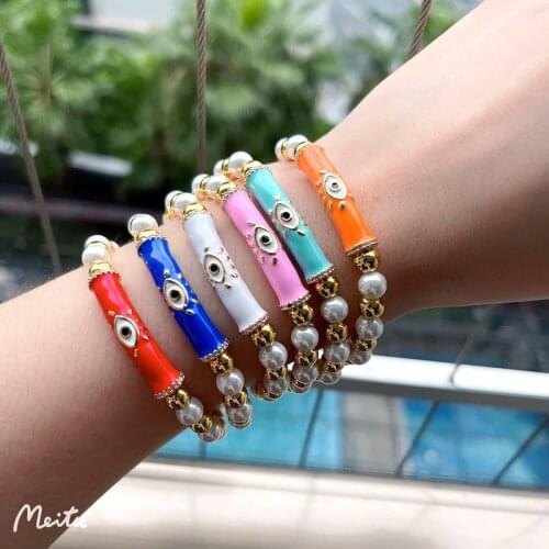 5Pcs High Quality Enamel Eye Shaped Design With Pearl Gold Beads Bracelets Chain , Fashion Freshwater Pearl Jewelry for gifts