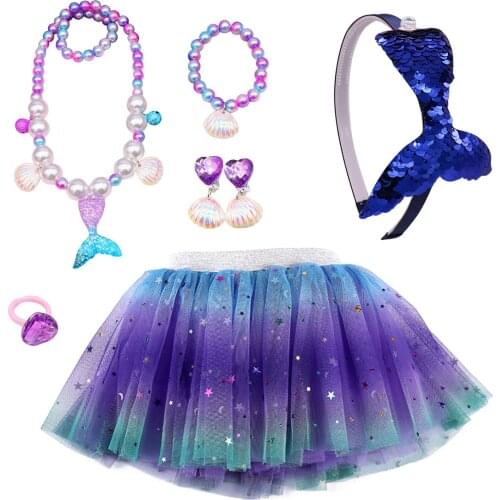 7pcs Pretend Play Set Mermaid Dress Up Necklace Bracelet Ring Earrings Hairband + Tutu Skirt for Girls Birthday Christmas Party