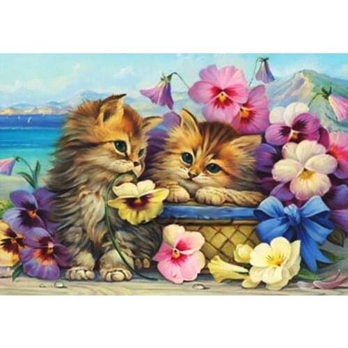 Diamond Painting Cats Flower Kitten Full Round 5D DIY Mosaic Embroidery Resin Rhinestones Pictures Cute