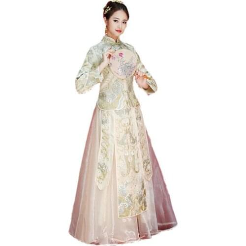 Asian Popular Woman embroidery carps Cheongsam Evening costume Vintage Xiu He toast Beige Dress Chinese style gown wedding dress