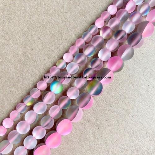 Matte K9 Bicolor Pink Rainbow Austria Crystal Synthetic Moonstone Round Loose Beads 15" 6 8 10MM Pick Size For Jewelry DIY