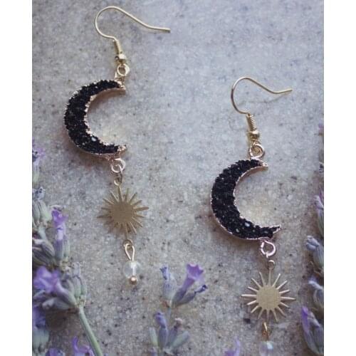 Black Crystal Quartz Crescent Moon/Sun Earrings