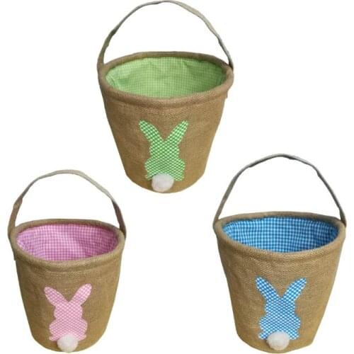 Burlap Easter Basket Jute Rabbit Tail Bucket Candy Gift Bag Flax Egg Storage Bag Basket Bag Party Gift SN3668