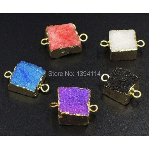 Mixed Colors Crystal Druzy Square Connectors Of Gold Cladding 13-15 mm