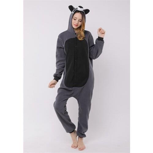 Animal Adults Grey Raccoon Onesies Animal Cartoon Pajamas Anime Cosplay Costumes Fleece Hooded Jumpsuits Christmas Gift Winter