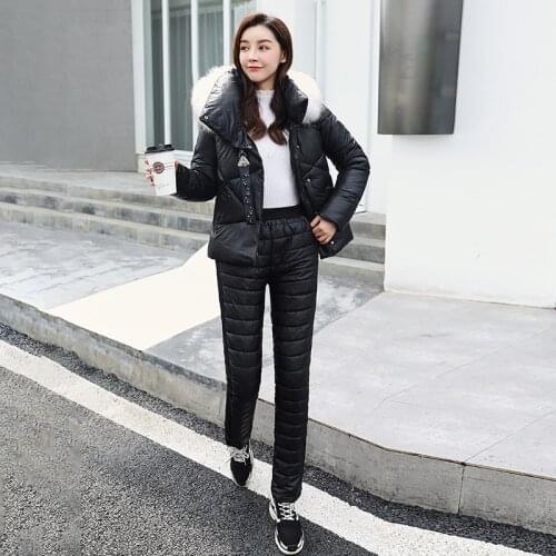 2 Piece Set Women Winter Down Cotton Jacket Suit Female Fashion Fur Collar Pockets Warm Two piece Set Slim Outerwear Pants Coat