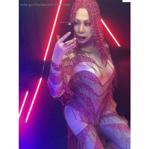 Red Tassels Zentai Crystals Diamond jumpsuit bright stone leotard bodysuit Singer Costume Bar Halloween Club stage Clothing