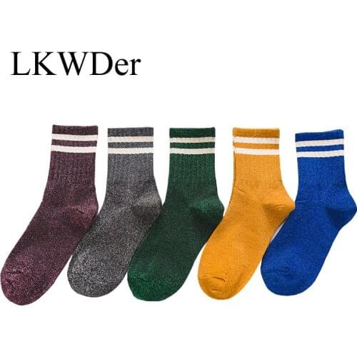 LKWDer 1 Pair Fashion Women Socks Cotton Striped Silver Wire Autumn School Girl Casual Long Happy Casual Breathable Sock Women