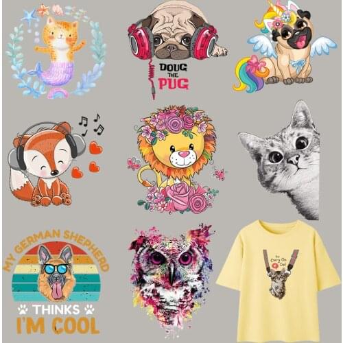 Cartoon Dog Cat Clothing Badges Patches Tops Heat Transfer Appliqued DIY Fashion Vinyl Iron On Transfers Music Fox Dog Patches