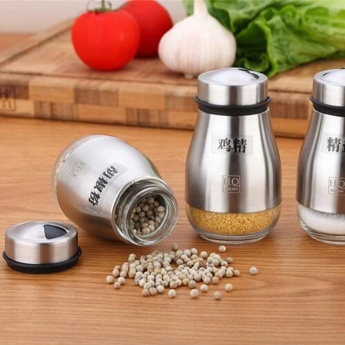 New Home Kitchen Glass Seasoning Can Sealed Moisture-Proof Stainless Steel Seasoning Jar Glass Salt Msg Shaker Storage Bottle