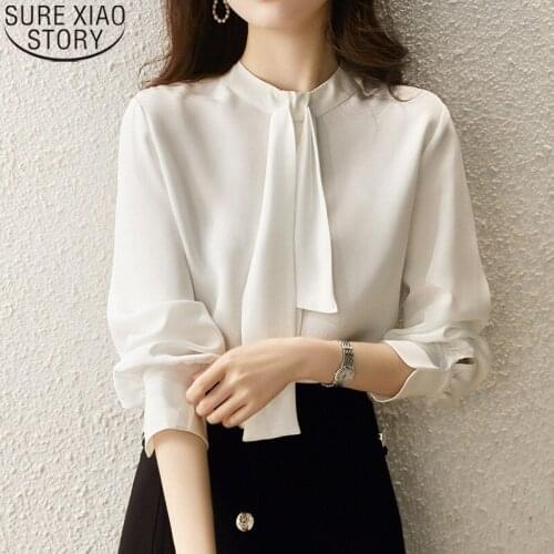 2021 New Autumn Silk Shirt White Blouses Office Lady Fashion Tie Blouse Women Stand Collar Elegant Long Sleeve Blusas Tops 16577